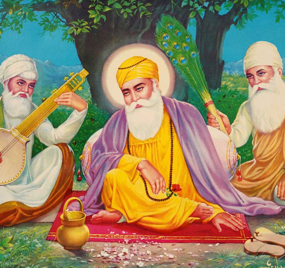OLEOGRAPH ON PAPER: GURU NANAK BALA MARDANA: Size: 34.6 x 49 cm (14 x 19 Inches) Published by: S. S. BRIJBASI & SONS. The first Sikh Guru, is depicted in a meditative posture beneath a shaded tree. He holds a Simrani (prayer beads) in his hand,