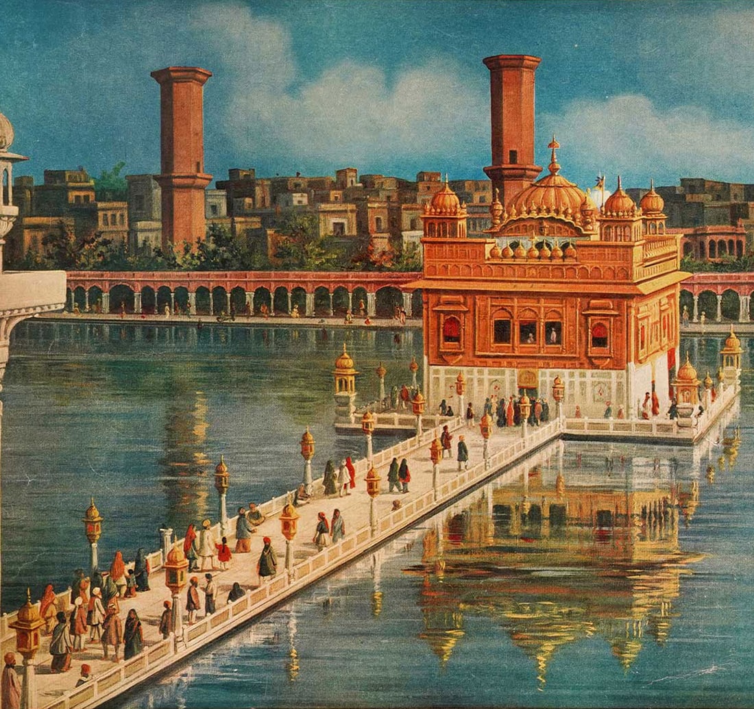 OLEOGRAPH ON PAPER BY SINGH, G. S SOHAN: SRI DARBAR SAHIB: Size: 35.3 x 50.5 cm (14 x 20 Inches) Published by: Punjabi Press, Sadar Bazar, Delhi The print captures the stunning gilded facade of Harmandir Sahib reflecting onto the sacred Amrit Sarovar (holy
