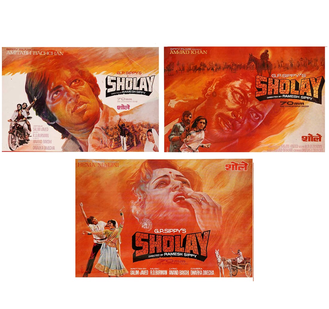 RARE ORIGINAL INDIAN CINEMA LOBBY CARD FILM SHOLAY: SET OF THREE LOBBY CARDS: Size: 33.5 x 50 cm (13 x 19.6 Inches) Released Year: 1975 Set of original vintage lobby card comprising three pieces issued for the legendary blockbuster sholay, directed by ramesh sippi.Widely
