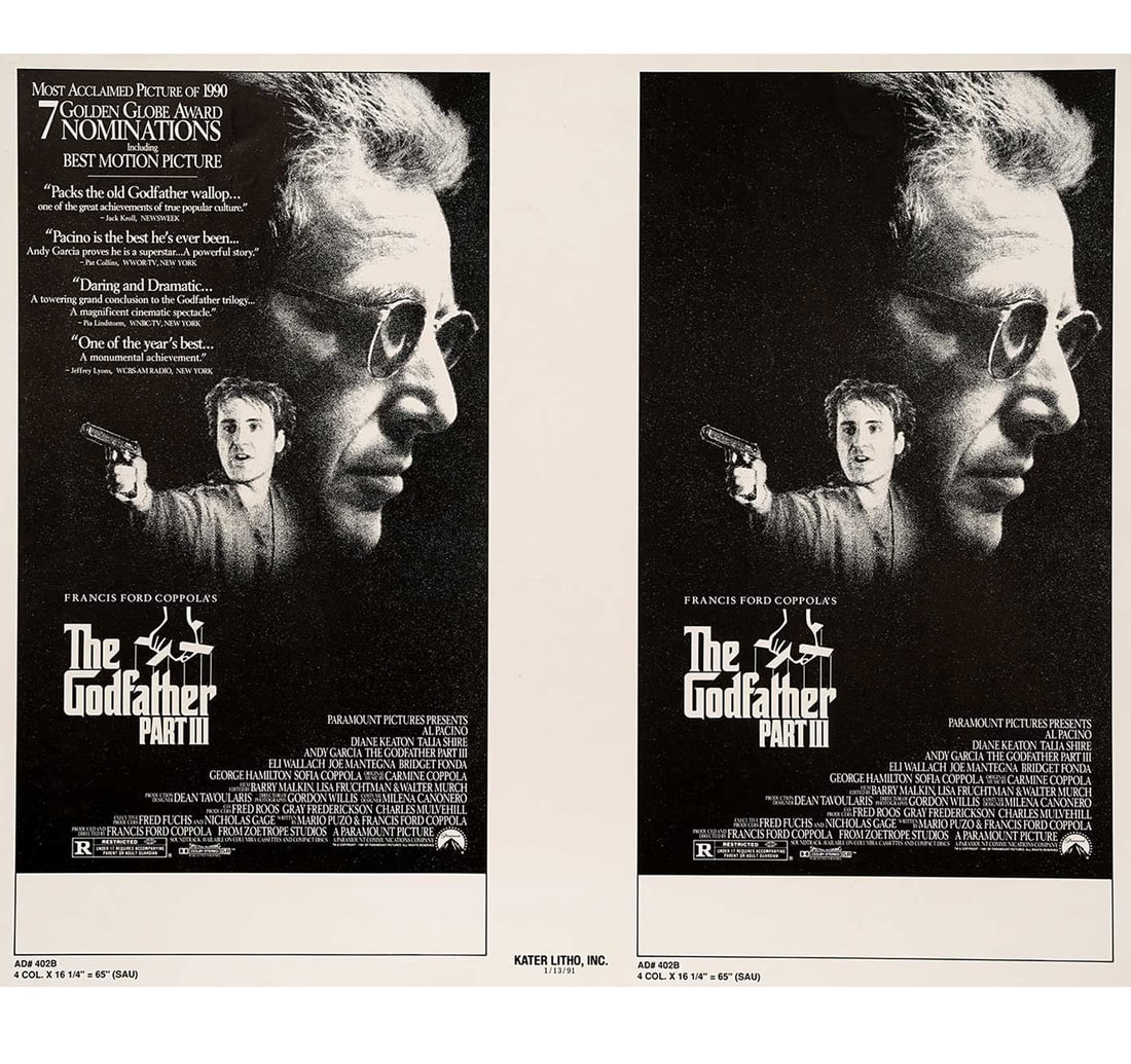 RARE VINTAGE FILM POSTER OF HOLLYWOOD MOVIE THE GODFATHER PART III: Size: 45.5 x 61 cm (17.9 x 24 Inches) Released Year: 1990 An original vintage sheet containing two variations of newspaper advertisement proofs (ad mats) for Francis Ford Coppola's 1990 crime epic, "T