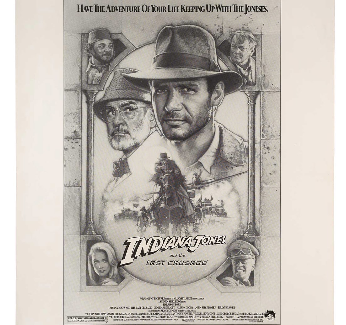 RARE VINTAGE FILM POSTER OF HOLLYWOOD MOVIE INDIANA JONES AND THE CRUSADE: Size: 48 x 61 cm (18.8 x 24 Inches) Released Year: 1989 An original vintage newspaper advertisement proof (ad mat) for the blockbuster 1989 adventure movie "Indiana Jones and the Last Crusade". The