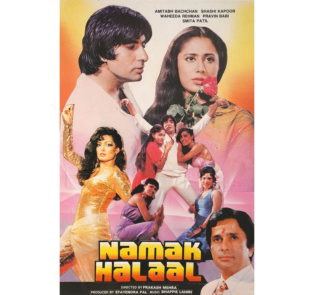 RARE ORIGINAL INDIAN CINEMA VINTAGE FILM POSTER NAMAK HALAAL: Size: 48.6 x 71.7 cm (19.1 x 28.2 Inches) Released Year: 1982 Designed and Printed by: Movieprints Bombay. Director: Prakash Mehra. Cast: Amitabh Bachchan, Shashi Kapoor, Waheeda Rehman, Praveen