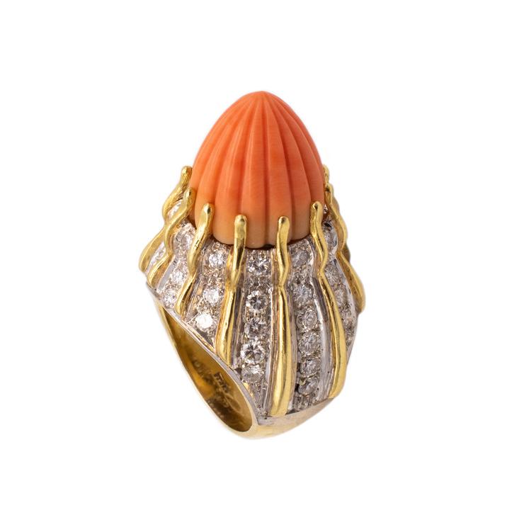 Retro 1960 Italy 18k, Diamonds & Coral Cocktail Ring (1 of 6)