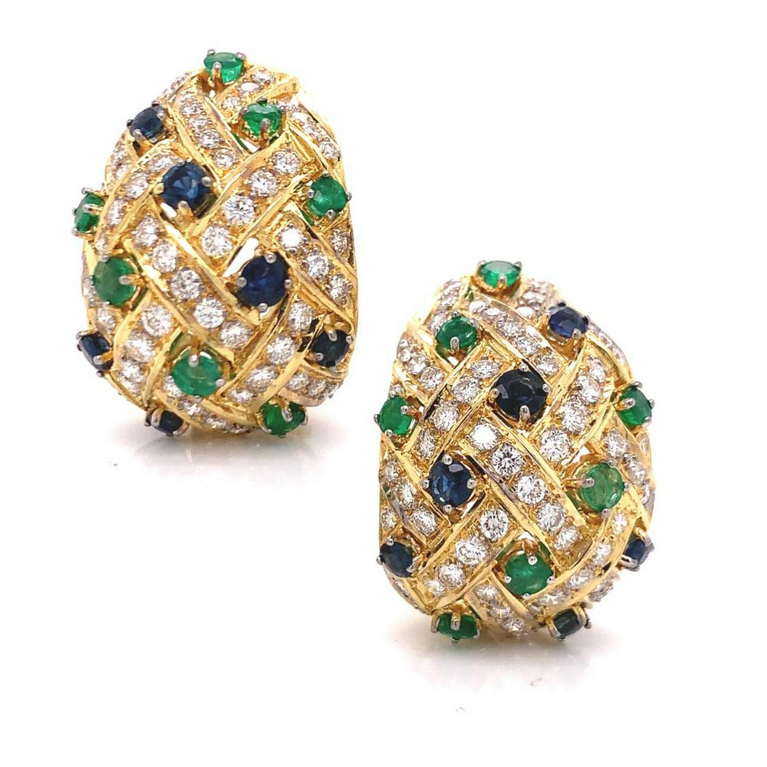 Diamonds, Emeralds & Sapphires 18k Gold Earrings (1 of 3)