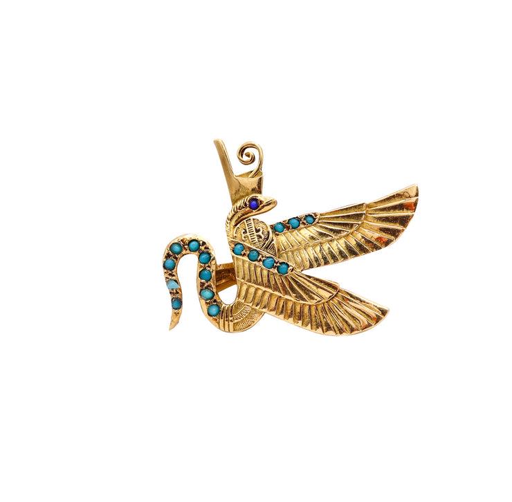 Art Deco Brooch with a winged Serpent in 18k Gold with Turquoises (1 of 4)