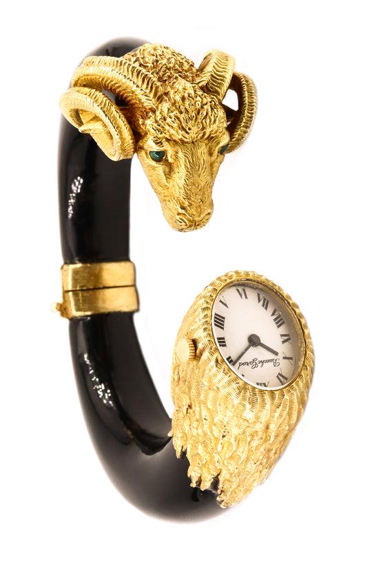 Gay Freres 18k Gold Zodiac ram bracelet cuff wristwatch with obsidian (1 of 5)