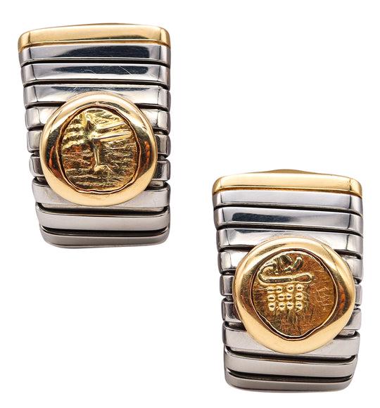 Bvlgari Roma Moneta Tubogas Earrings in 18k Gold & Steel with Gold Coins (1 of 5)