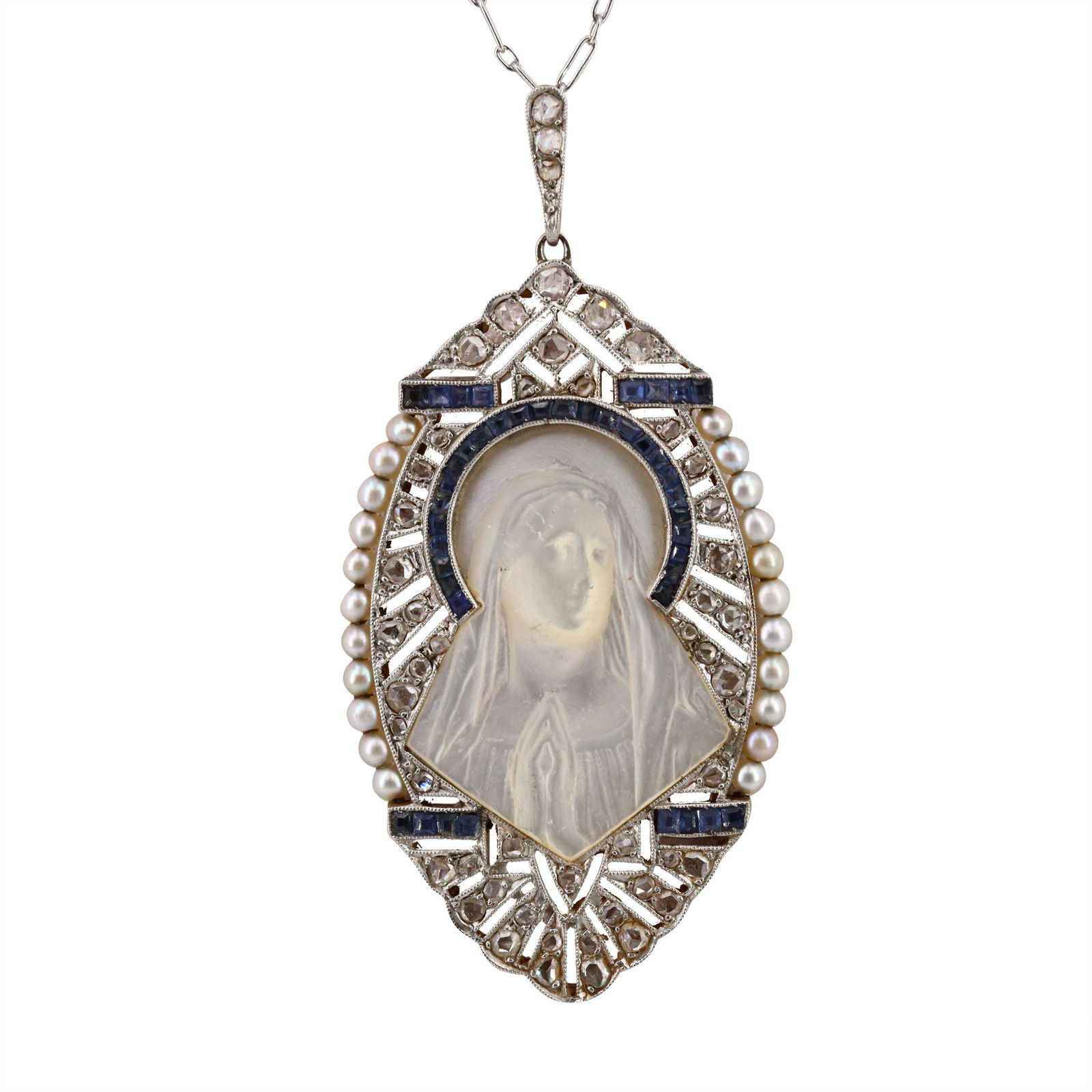 Art Deco Religious 18k gold Pendant with Diamonds, Sapphires & Pearls (1 of 4)