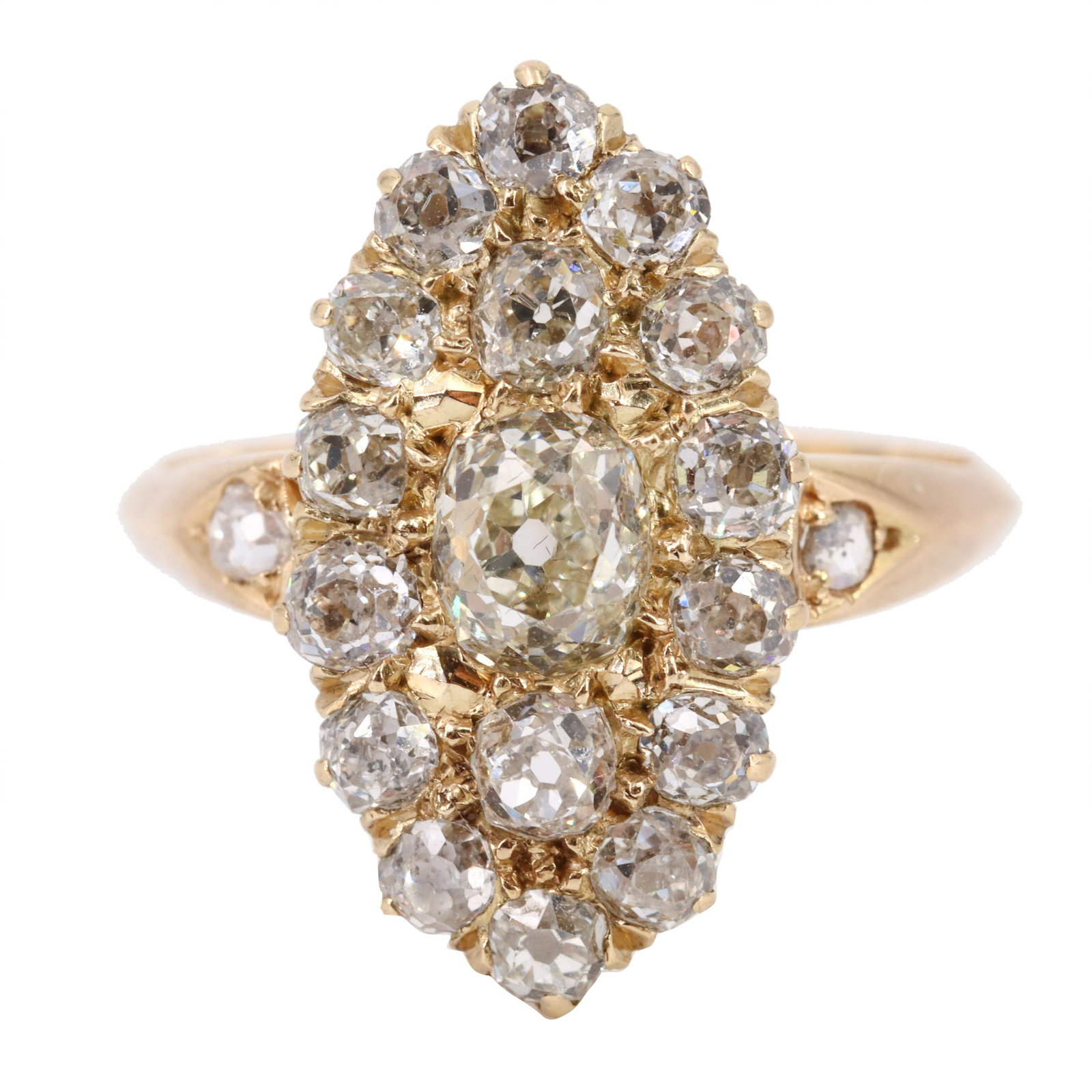 2.20 Ctw in Diamonds 18k Gold Ring: Antique Navette Ring crafted in 18k yellow Gold, set with 19 Old European cut Diamonds weighing Approx. 2.20 carats. VS-SI1 clarity, H-J color. Top measurements: 0.80 x 0.45 inches. Ring size: 8 1/4. 