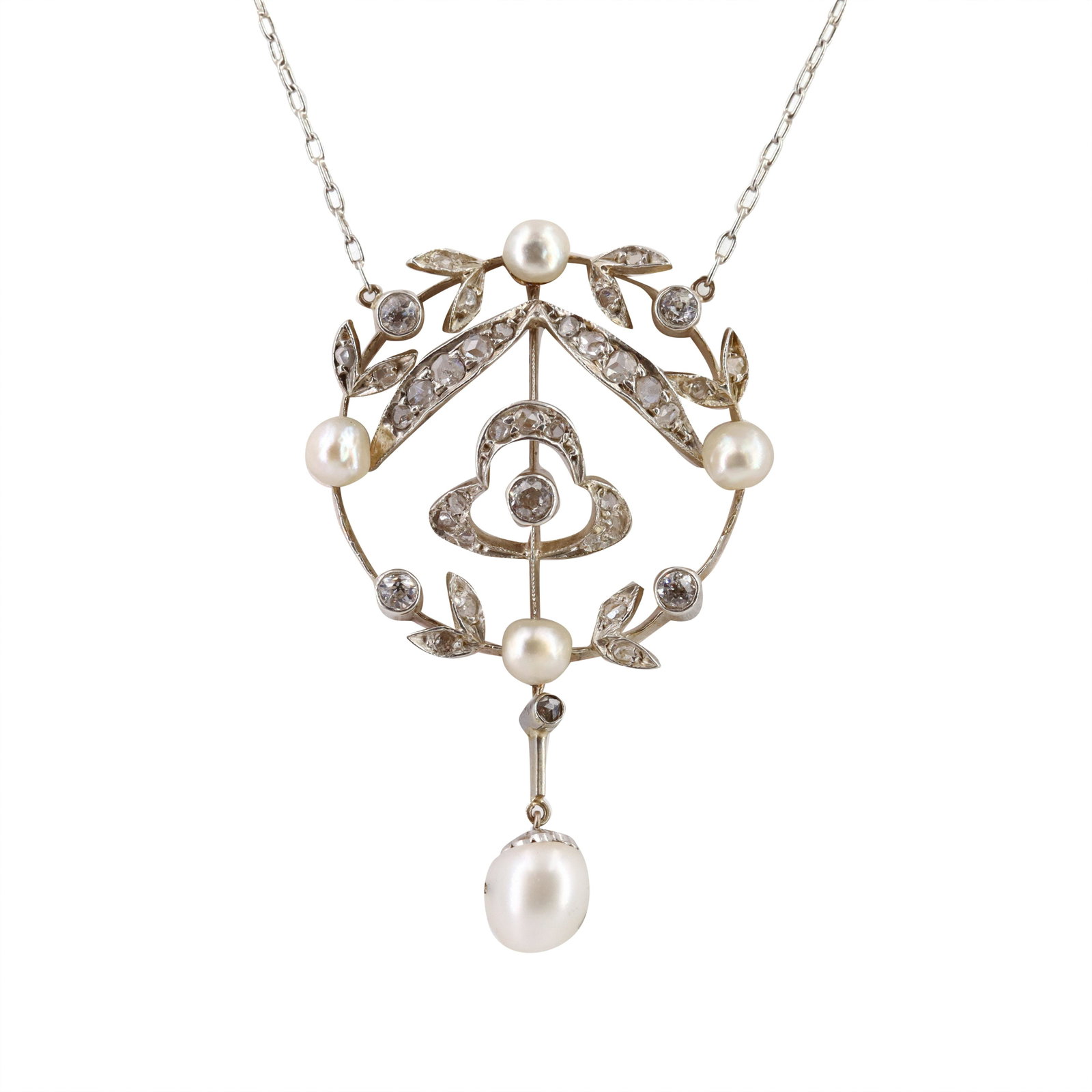 Deco 18k Gold Pendant Necklace with Diamonds & Pearls: Art Deco Pendant Necklace crafted in18k yellow gold and Platinum, set with Old mine and Rose cut Diamonds weighing together Approx. 0.70 carats. Along with 5 Baroque Pearls. Pendant measurements: 1.7 