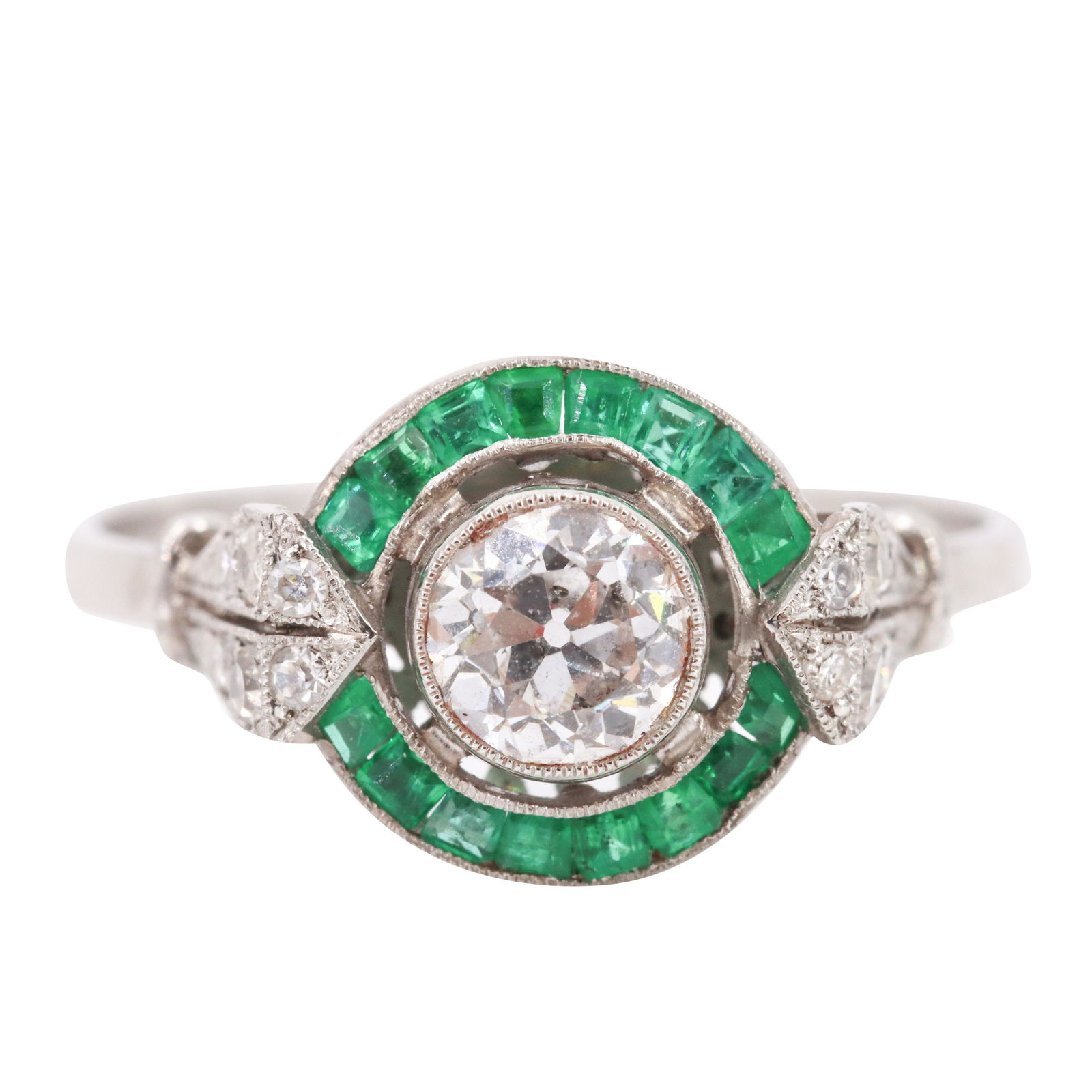 Art Deco Platinum Target Ring with Diamonds and Emeralds (1 of 3)