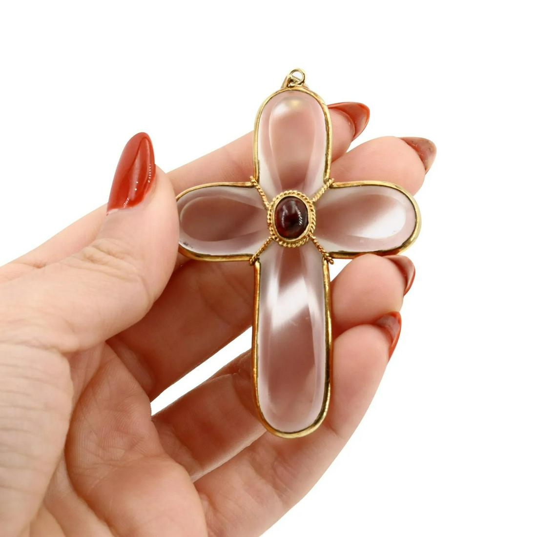 Rock Crystal & Garnet 18k Gold Cross Pendant (1 of 5)