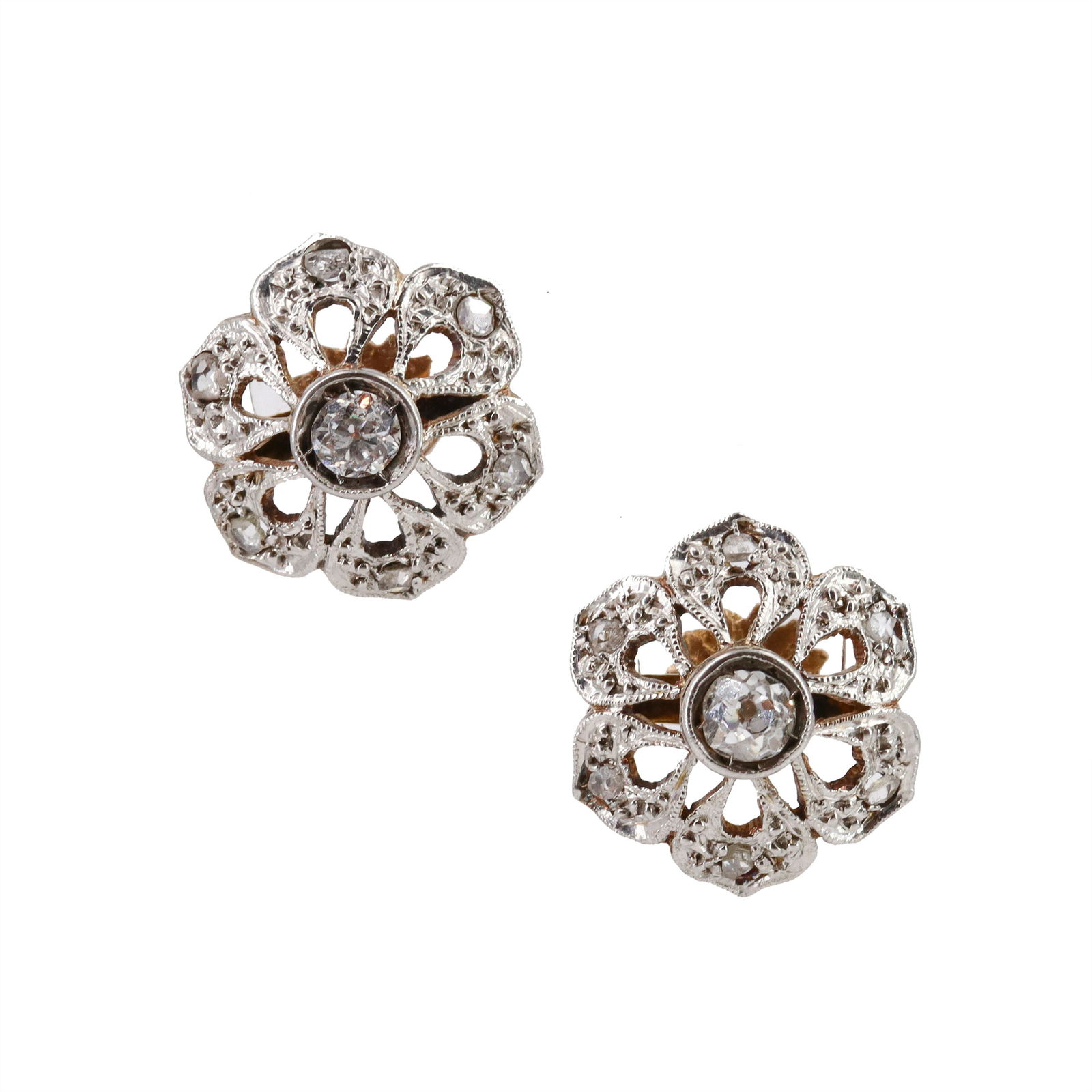 Antique Flower Earrings in 18k Gold & platinum with Diamonds (1 of 3)