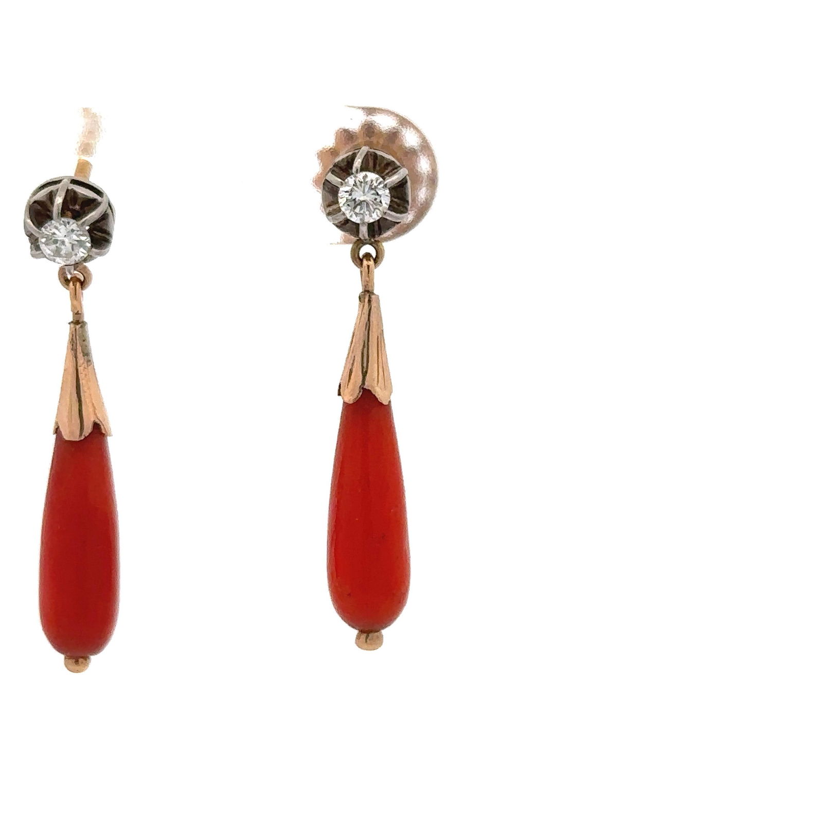 Coral & Diamonds 18k Gold Drop Earrings (1 of 1)