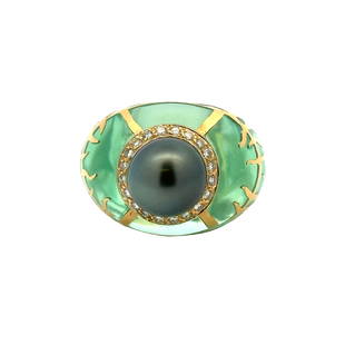 Angelique de Paris 18k Gold Ring with Pearl & Diamonds: Angelique de Paris Ring crafted in 18k yellow Gold and clear green Resin. Featuring a Tahitian Pearl on top about 10mm. Surrounded by Diamonds weighing Approx. 0.20 carats. Stamped with Makers mark, w