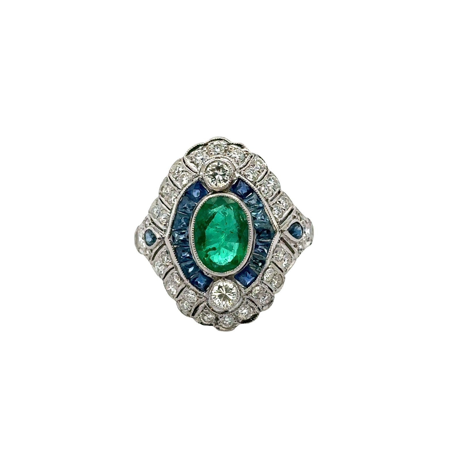 Platinum Cocktail Ring with Diamonds, Emerlad & Sapphires (1 of 5)