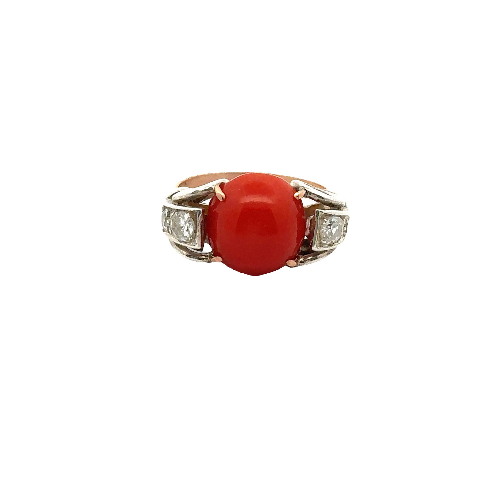 Deco Ring in 18k Gold with Coral and Diamonds (1 of 5)