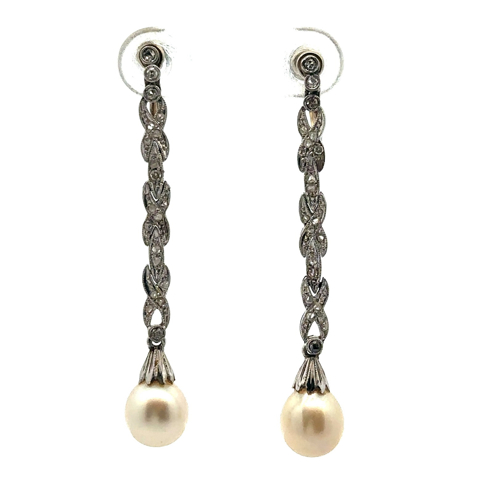 Antique Diamonds Drop Platinum Earrings with Pearls (1 of 3)