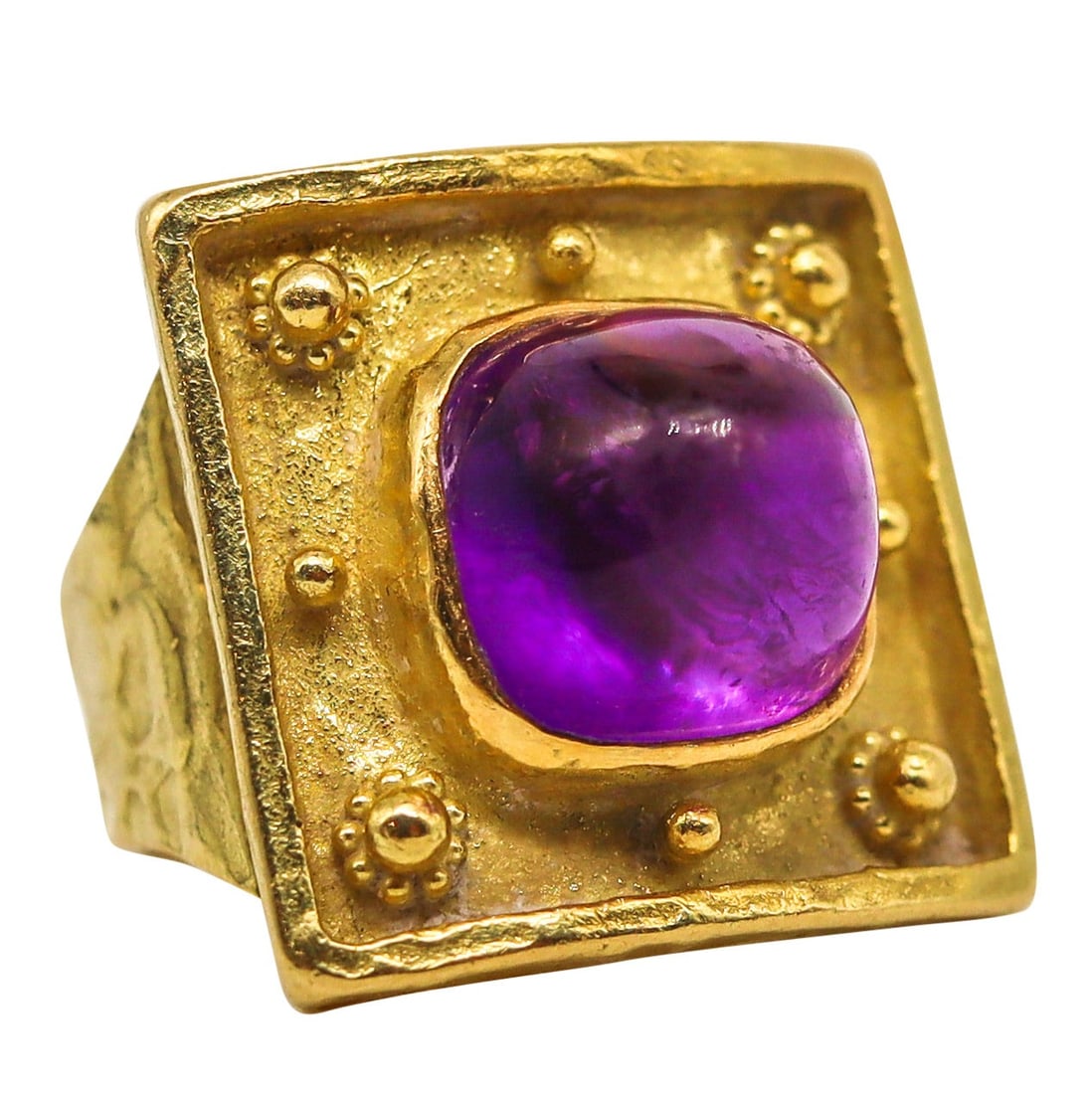 Ed Wiener 1970 Sculptural Cocktail Ring In 18Kt Yellow Gold With Amethyst: Beautiful modernist unique art-piece, created in New York city back in the 1970's by the artist- goldsmith Ed Wiener. This sculptural one-of-a-kind ring was crafted in solid rich yellow gold of 18 kar