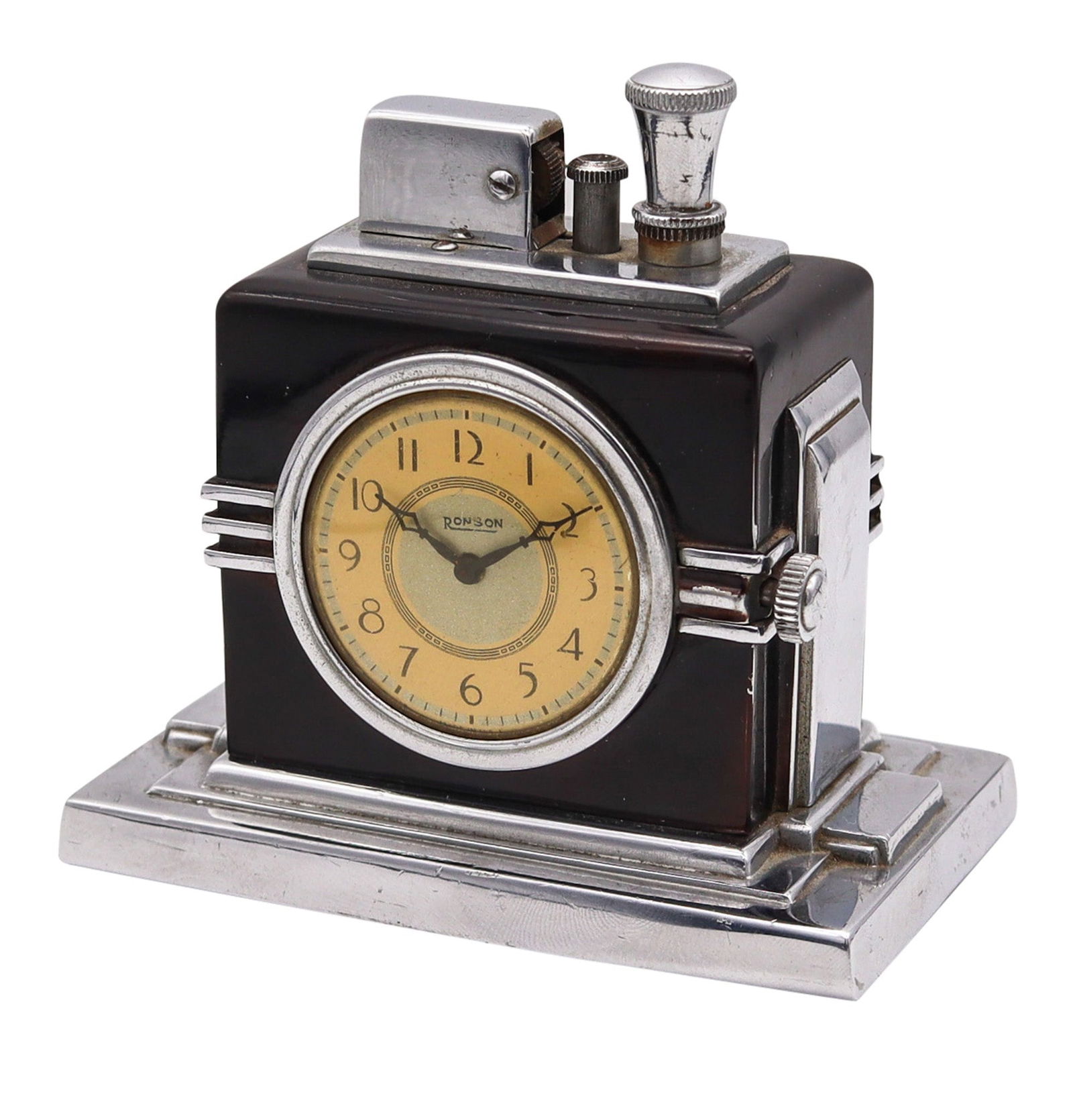 Ronson 1936 Maltese Art Deco Machine Age Black Clock Touch Tip Lighter (1 of 9)