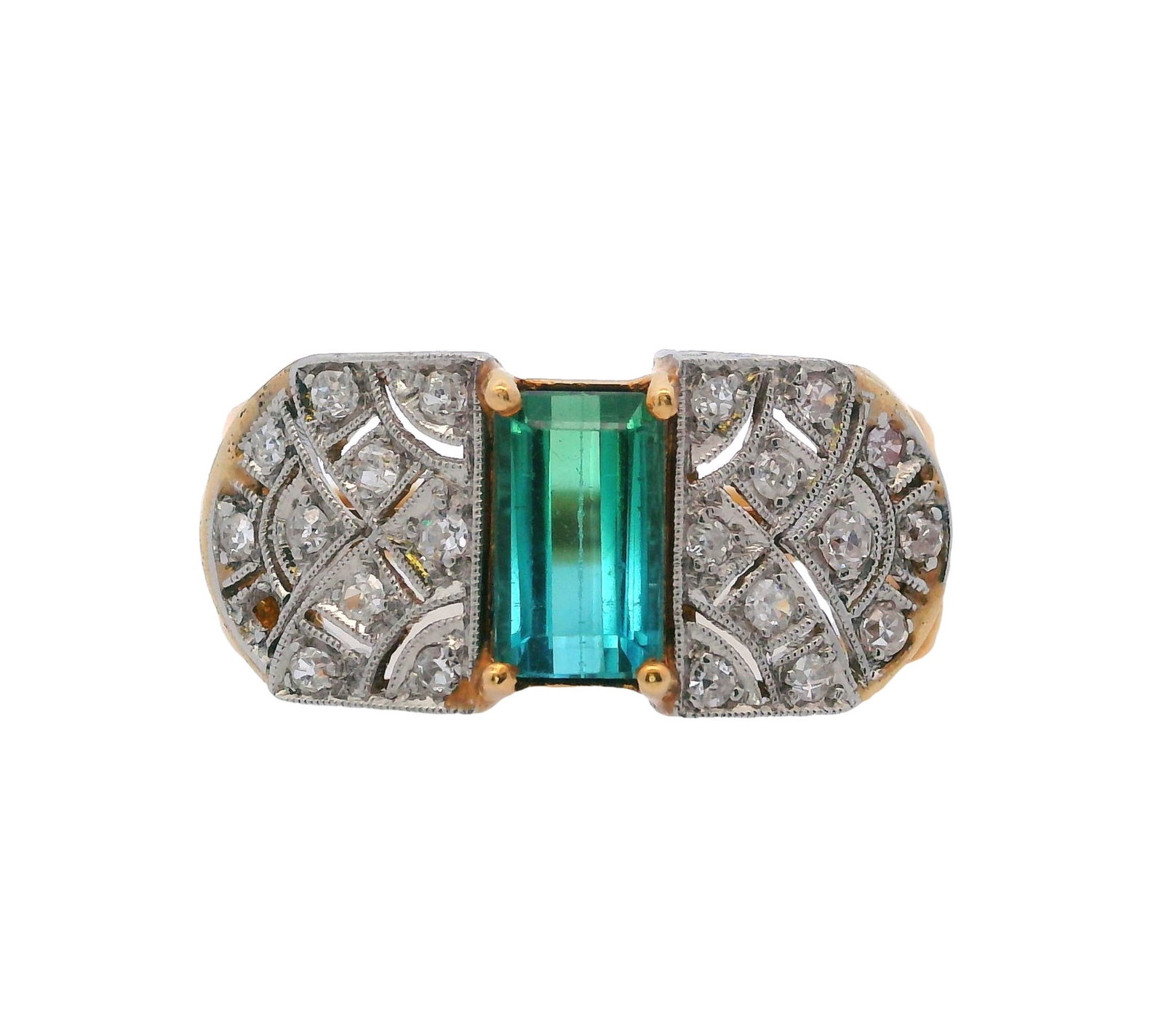 Art Deco 18k Gold and Platinum Ring with Tourmaline and Diamonds (1 of 5)
