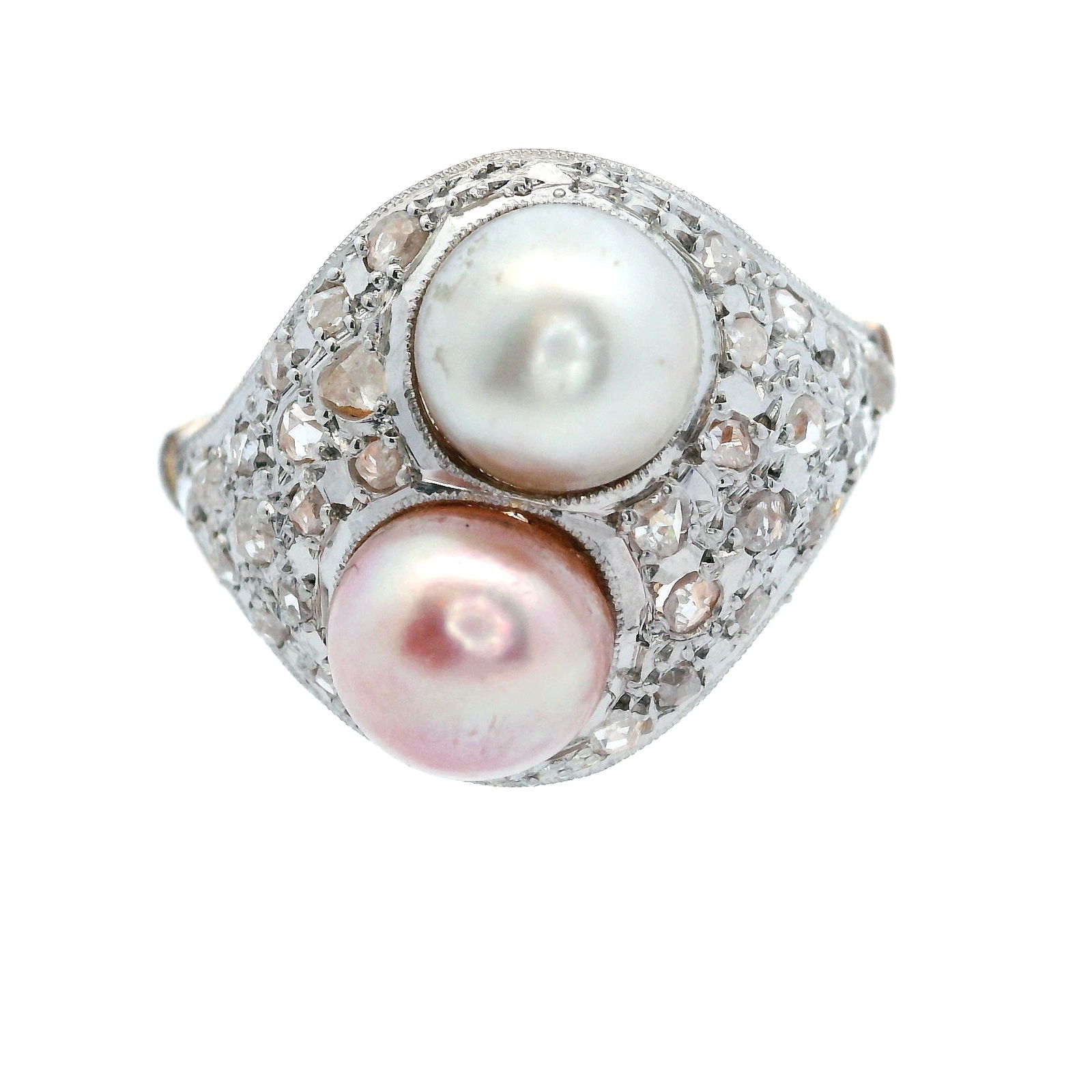 Deco 18kt Gold and Platinum Ring with Pearls and Diamonds (1 of 5)