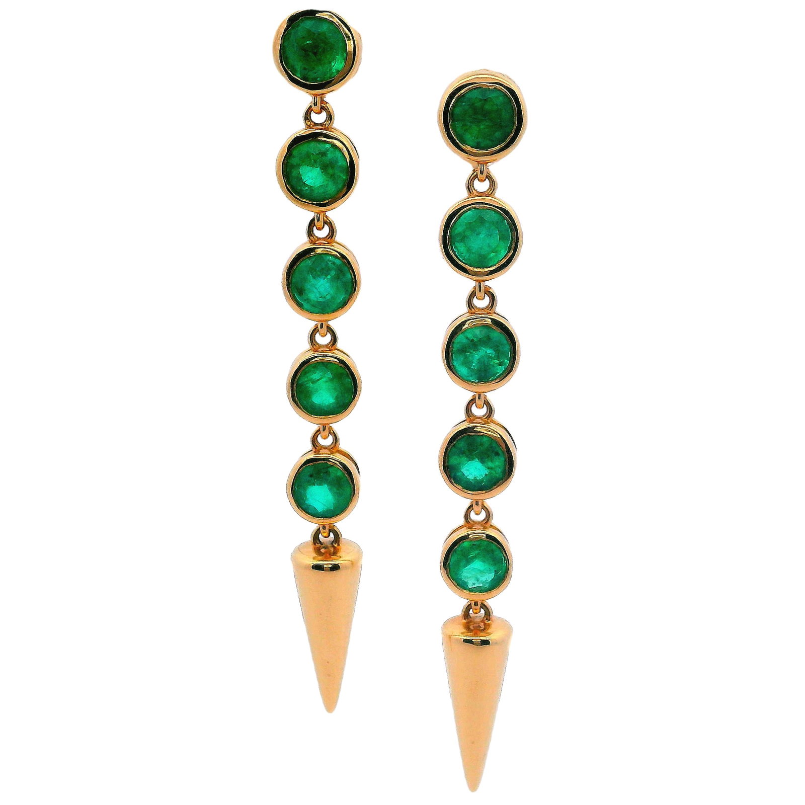 18kt Gold Geometric Earrings with Colombian Emeralds: Pair of 18kt yellow gold Drop Geometric Earrings, featuring 10 Round cut Vivid Green Colombian Emeralds weighing Approx. 2.00 carats. Measurements: 1.75 x 0.20 inches. Total weight: 4.75 grams. Stampe