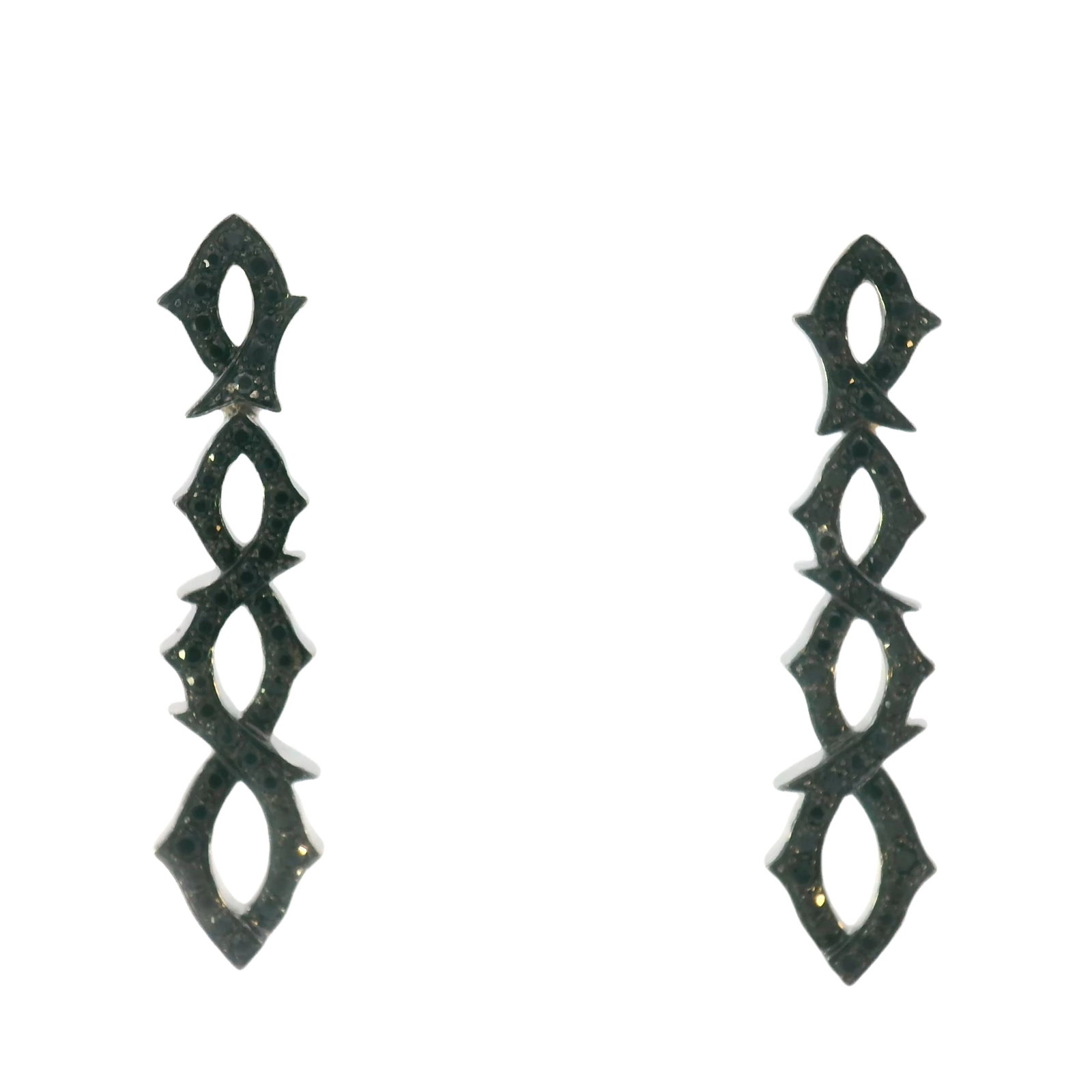 Stephen Webster 18kt Gold Earrings with Black Diamonds: Pair of 18kt Gold Earrings by Stephen Webster. They features 92 Black Diamonds weighing Approx. 3.60 carats. Measurements: 1.55 x 0.40 inches. Total weight: 7.7 dwt.