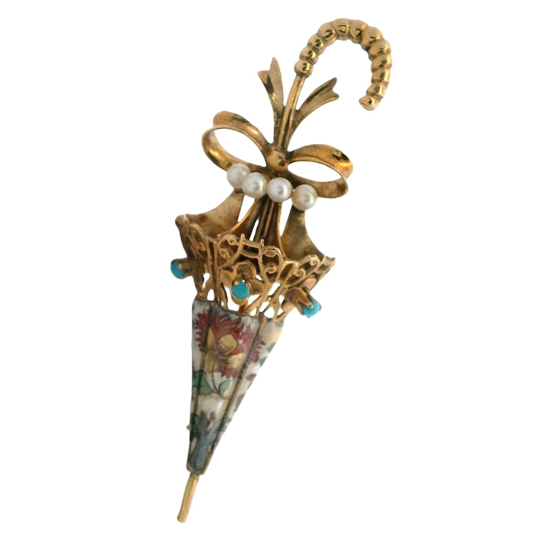 Italian Antique 18kt yellog Gold Umbrella Brooch Pendant with Enamel, Pearls and Turquoises: Italina Antique 18kt yellow Gold Umbrella Brooch Pendant with applications of Enamel. Accented with 4 Round cream pearls and three cabochon Turquoises. Measurements: 2.5 x 0.7 inches. Total weight: 8.