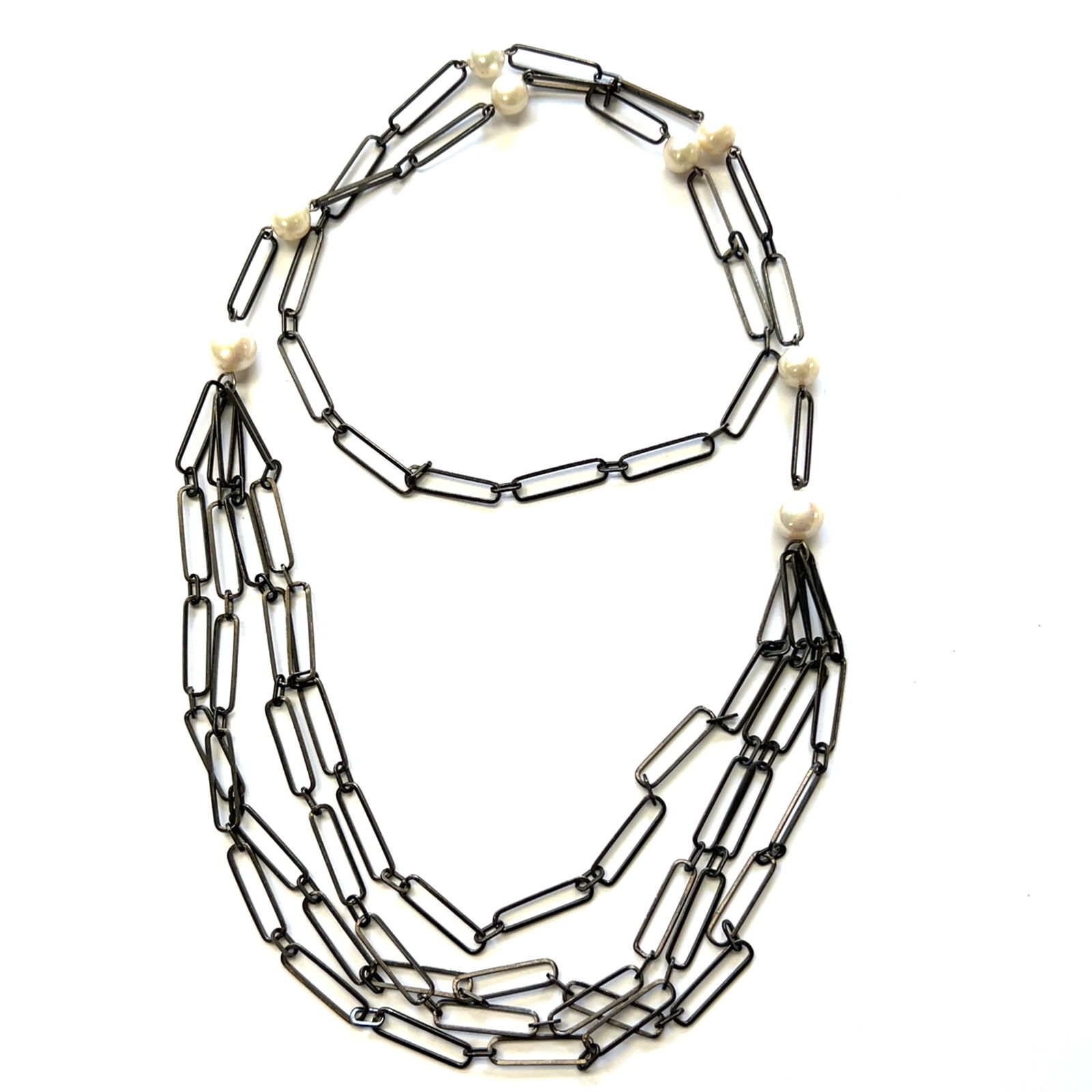 STEPHEN WEBSTER Sterling Silver Chain Necklace with Pearls: STEPHEN WEBSTER Sterling Silver Chain Necklace with Pearls. 17 inches long. Total weight: 28.8 dwt