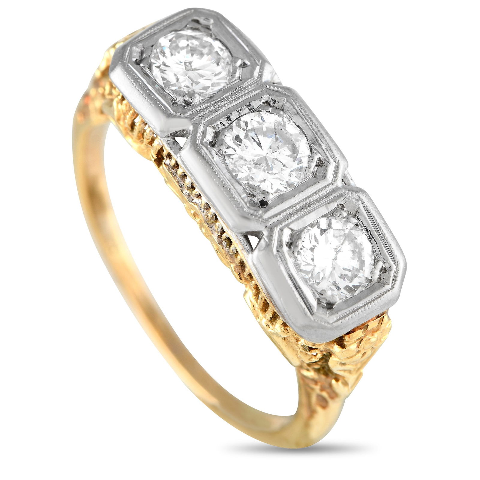Antique 14K Gold 1.01ct Diamond Three-Stone Ring: It's hard not to swoon over this alluring antique trilogy ring. It features a 14K yellow gold band with a delicate 1mm-thin shank and elaborately decorated shoulders. Sitting atop the intricate galler