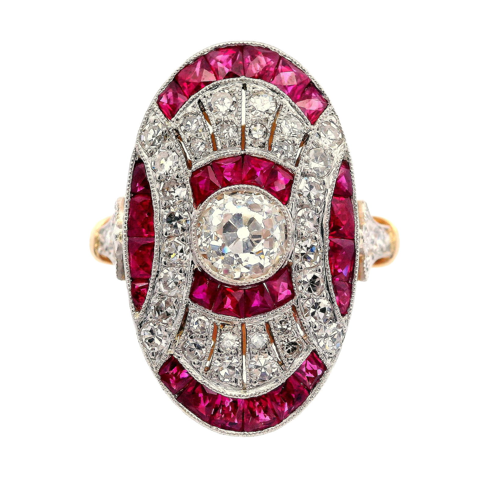 Art Deco style Ring in 18kt Gold and Platinum with Diamonds and Rubies (1 of 5)