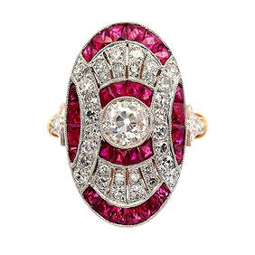 Art Deco style Ring in 18kt Gold and Platinum with Diamonds and Rubies (1 of 5)