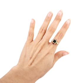 Geometric 14kt yellow Gold Ring with Green and Pink Tourmalines