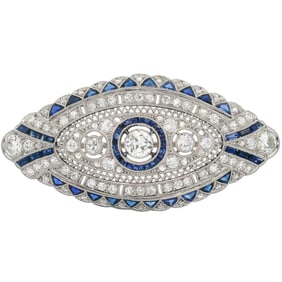 Art Deco 1920 platinum filigree Brooch with Diamonds and Sapphires