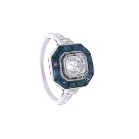 Art Deco 1920 Platinum Diamonds and blue Sapphire Ring
