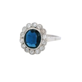 Antique Platinum Ring with Blue Sapphire and Diamonds