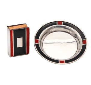 Webster & Co. 1925 Art Deco Red And Black Enameled Smoking Set In Sterling Silver