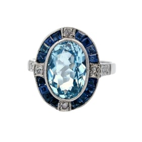 Art Deco style Platinum Ring with Aquamarine, Sapphires and Diamonds