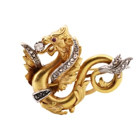 Art Nouveau 1890 Dragon Pendant Brooch in 18kt Gold & Platinum with Diamonds