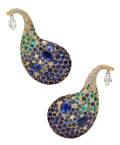 Michele Della Valle Free Form Earrings In 18Kt With 26.24 Ctw In Paraiba Tourmalines Sapphires And