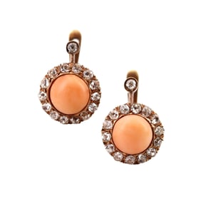 Edwardian 1900 18kt Gold Earrings with Coral and Diamonds
