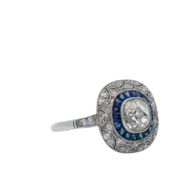 Art Deco style Platinum Ring with center 1.02 Cts Diamond and Sapphires