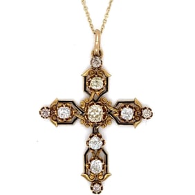 Victorian 18K & 14K Yellow Gold 3.50 Ct. Diamond Cross Necklace
