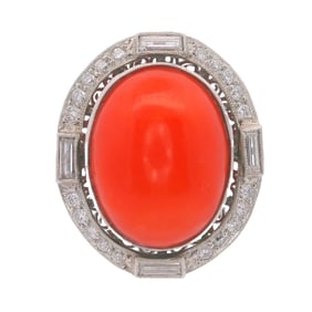 Art Deco Style Platinum Ring with Coral and Diamonds