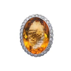 Art Deco style cocktail Platinum Ring with Citrine and Diamonds