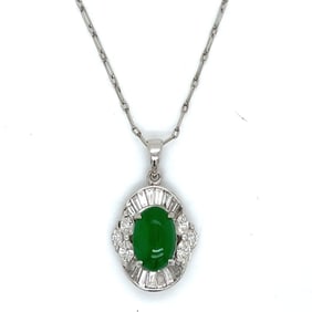 18K White Gold Jade & Diamond Pendant on Platinum Chain