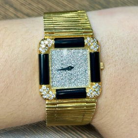 BUCHE GIROD 18K Yellow Gold Diamond & Onyx Dress Watch