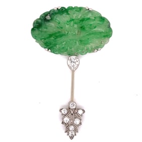 Art Deco Platinum  Jade & Diamond Jabot Pin with Serial numbers