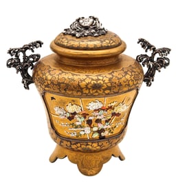 JAPAN 1890 Meiji Shibayama Round Urn In Gilded Wood And Sterling Silver